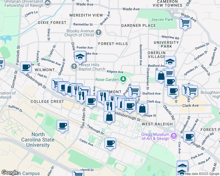 map of restaurants, bars, coffee shops, grocery stores, and more near 2708 Clark Avenue in Raleigh