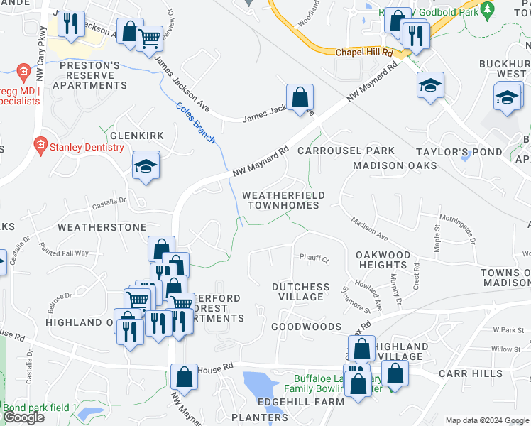 map of restaurants, bars, coffee shops, grocery stores, and more near 1145 Contessa Drive in Cary