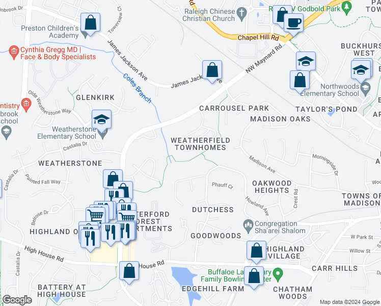 map of restaurants, bars, coffee shops, grocery stores, and more near 1139 Contessa Drive in Cary