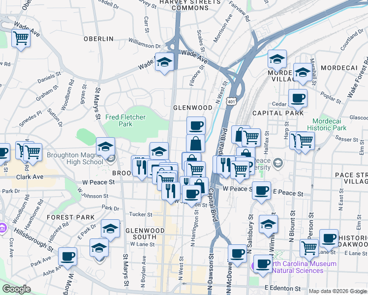 map of restaurants, bars, coffee shops, grocery stores, and more near 501 Cleveland Street in Raleigh