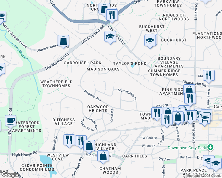 map of restaurants, bars, coffee shops, grocery stores, and more near 313 White Oak Drive in Cary