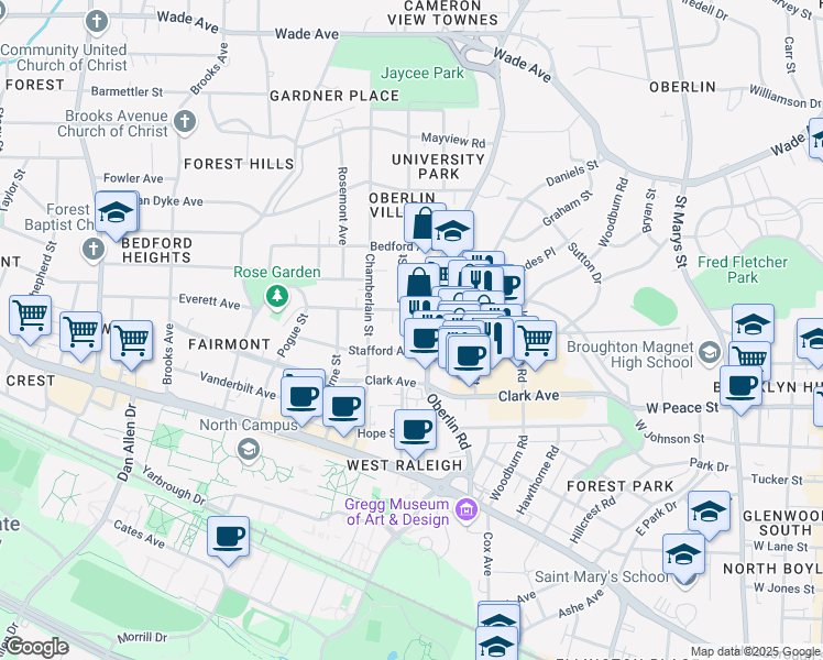 map of restaurants, bars, coffee shops, grocery stores, and more near 601 Oberlin Road in Raleigh