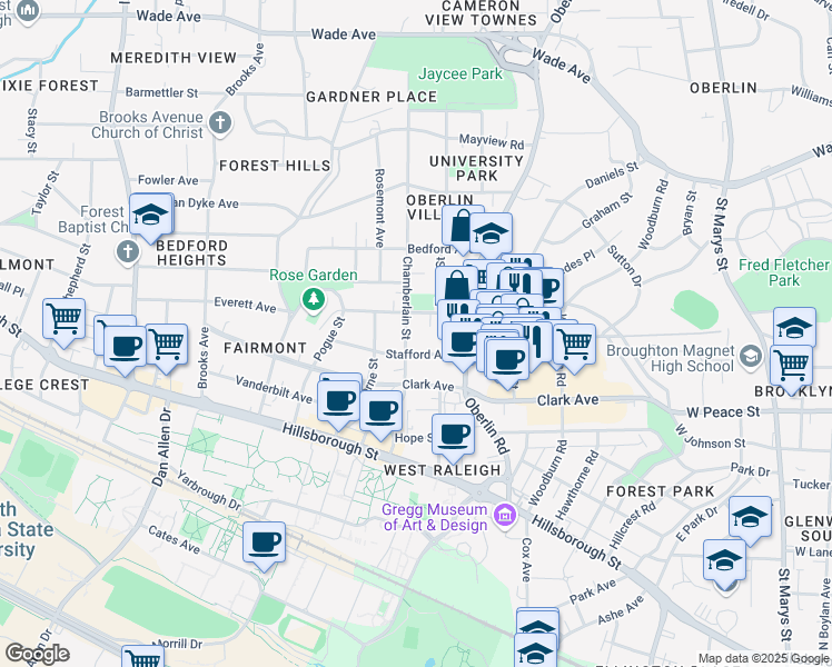 map of restaurants, bars, coffee shops, grocery stores, and more near 2305 Everett Avenue in Raleigh