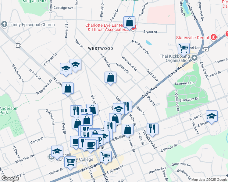 map of restaurants, bars, coffee shops, grocery stores, and more near 350 Brevard Street in Statesville