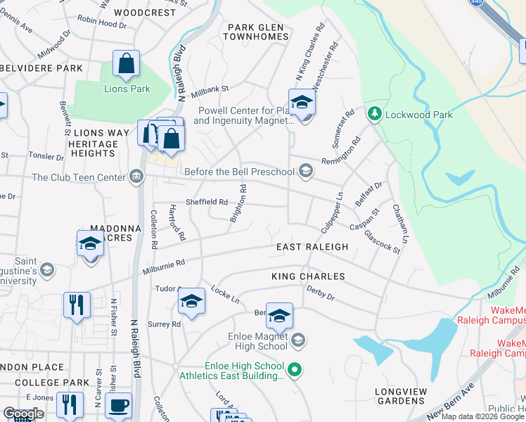 map of restaurants, bars, coffee shops, grocery stores, and more near 2309 Sheffield Road in Raleigh