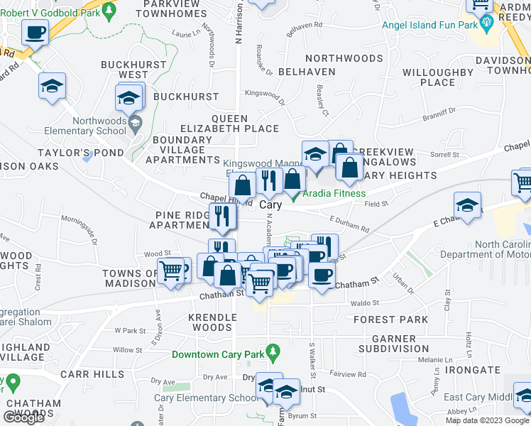 map of restaurants, bars, coffee shops, grocery stores, and more near 419 North Academy Street in Cary