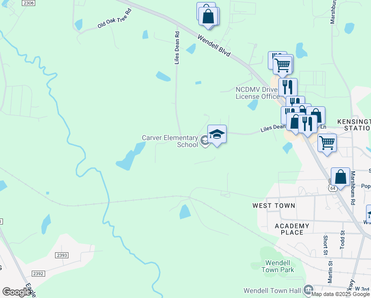 map of restaurants, bars, coffee shops, grocery stores, and more near 299 Liles Dean Road in Wendell