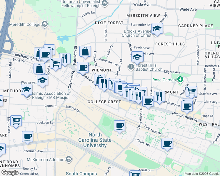 map of restaurants, bars, coffee shops, grocery stores, and more near 12 Henderson Street in Raleigh