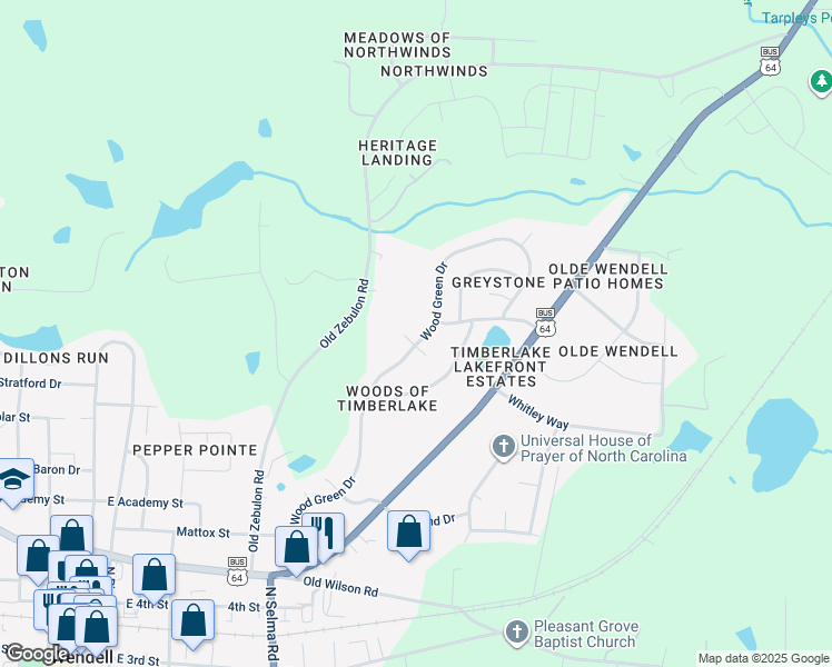 map of restaurants, bars, coffee shops, grocery stores, and more near 109 Wood Green Drive in Wendell
