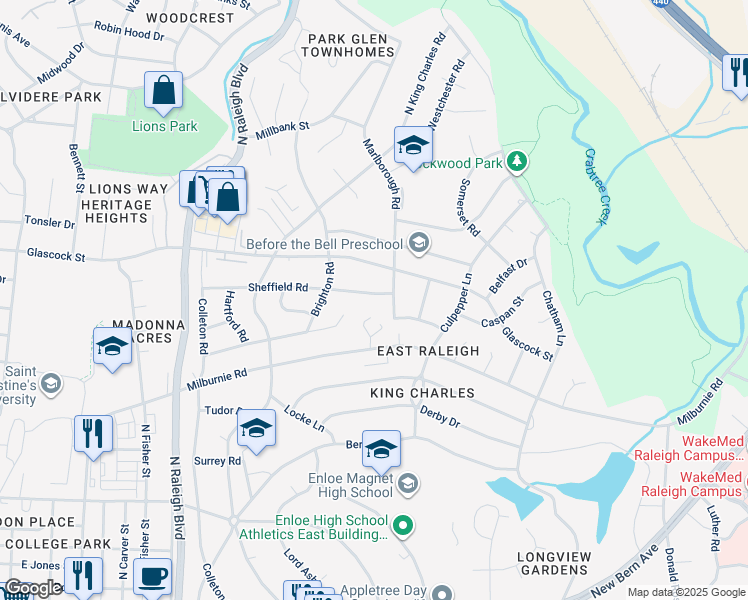 map of restaurants, bars, coffee shops, grocery stores, and more near 2324 Sheffield Road in Raleigh