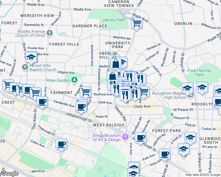map of restaurants, bars, coffee shops, grocery stores, and more near 505 Oberlin Road in Raleigh