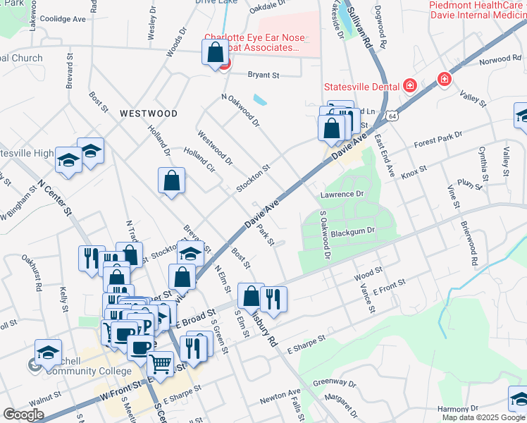map of restaurants, bars, coffee shops, grocery stores, and more near 616 Davie Avenue in Statesville