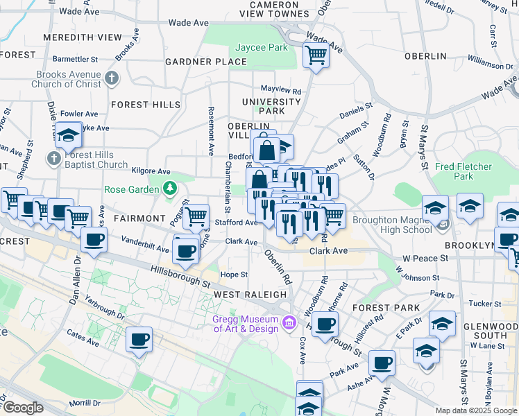 map of restaurants, bars, coffee shops, grocery stores, and more near 505 Oberlin Road in Raleigh