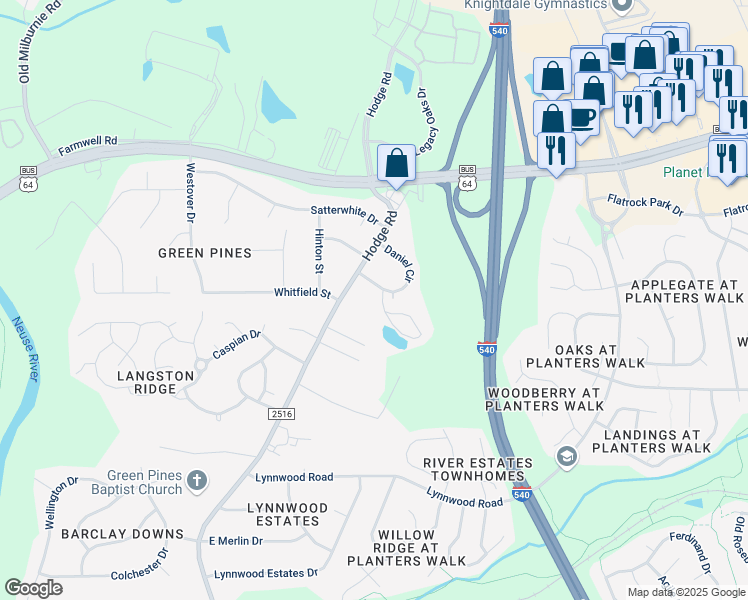 map of restaurants, bars, coffee shops, grocery stores, and more near 221 Daniel Circle in Knightdale