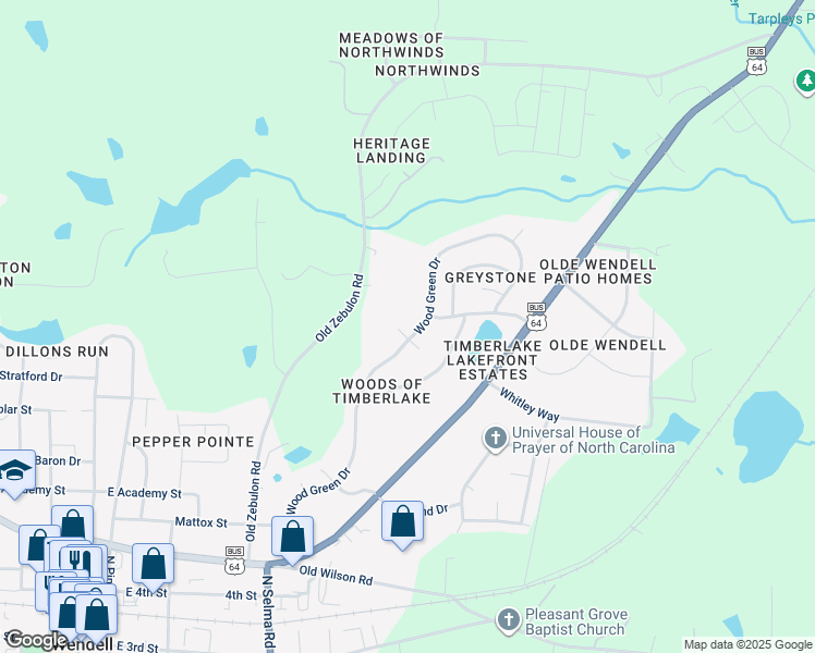 map of restaurants, bars, coffee shops, grocery stores, and more near 109 Wood Green Drive in Wendell