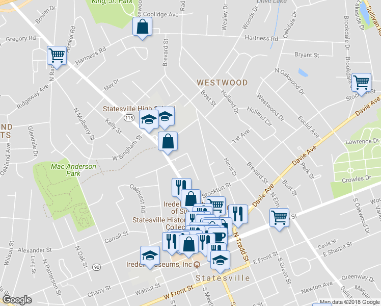 map of restaurants, bars, coffee shops, grocery stores, and more near 420 Clark Street in Statesville