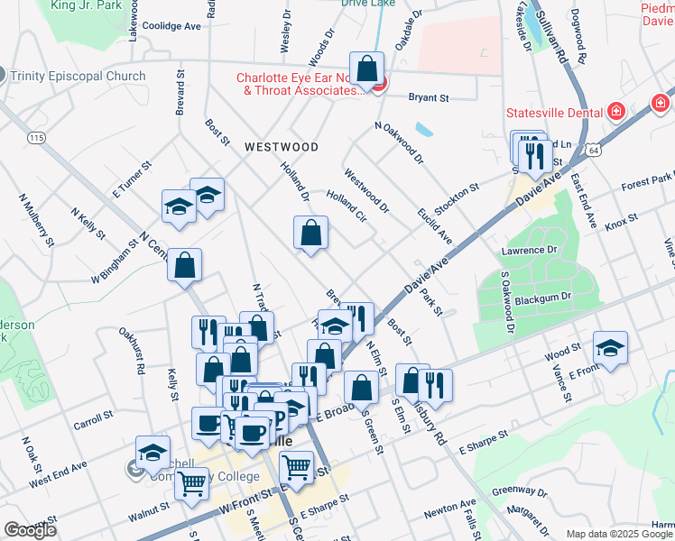 map of restaurants, bars, coffee shops, grocery stores, and more near 321 Bost Street in Statesville