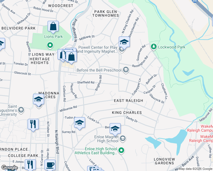 map of restaurants, bars, coffee shops, grocery stores, and more near 2309 Sheffield Road in Raleigh