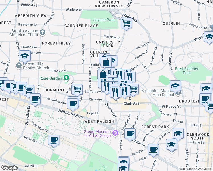 map of restaurants, bars, coffee shops, grocery stores, and more near 601 Oberlin Road in Raleigh