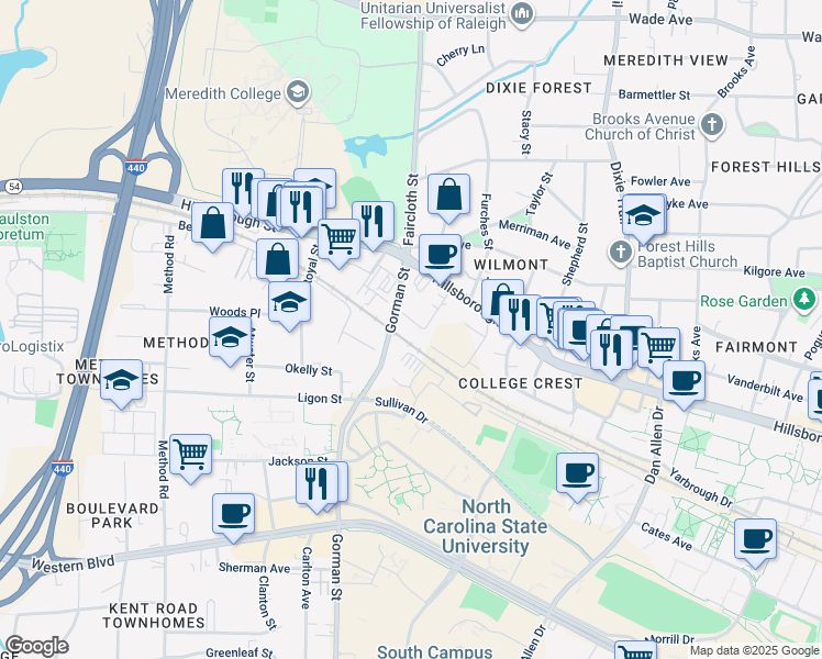 map of restaurants, bars, coffee shops, grocery stores, and more near 104 Turner Street in Raleigh