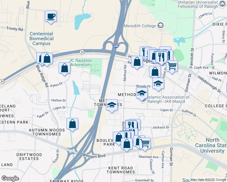 map of restaurants, bars, coffee shops, grocery stores, and more near 3200 Stedman Drive in Raleigh