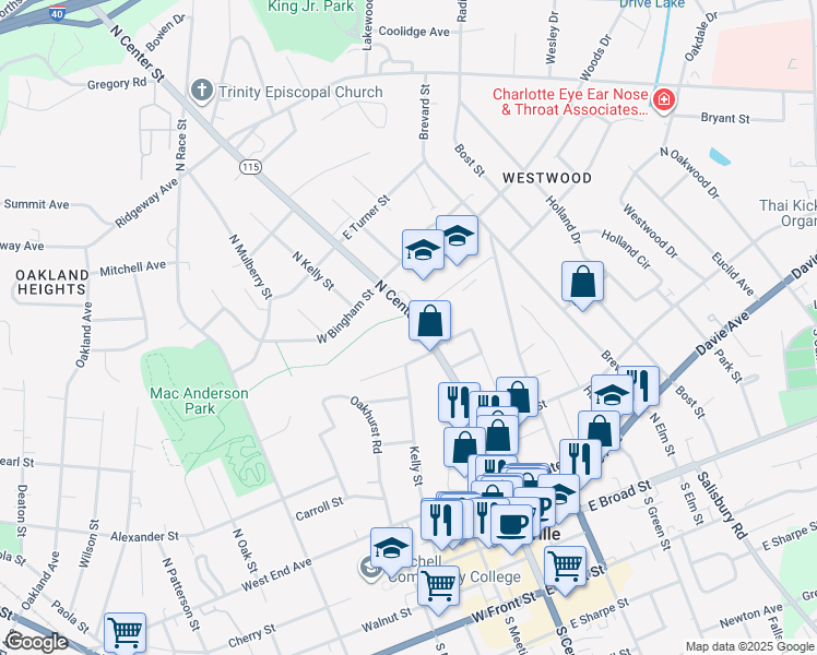 map of restaurants, bars, coffee shops, grocery stores, and more near 409 North Center Street in Statesville