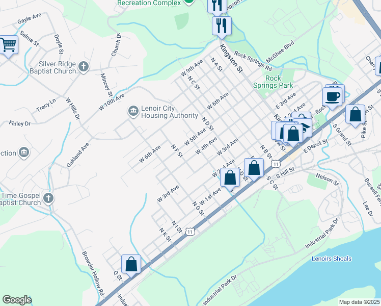 map of restaurants, bars, coffee shops, grocery stores, and more near 508 West 5th Avenue in Lenoir City