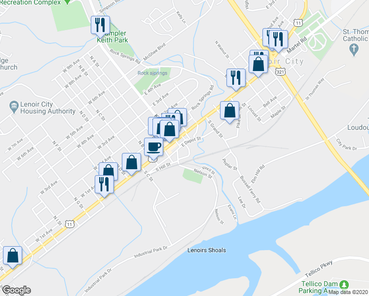 map of restaurants, bars, coffee shops, grocery stores, and more near 204 East Depot Street in Lenoir City
