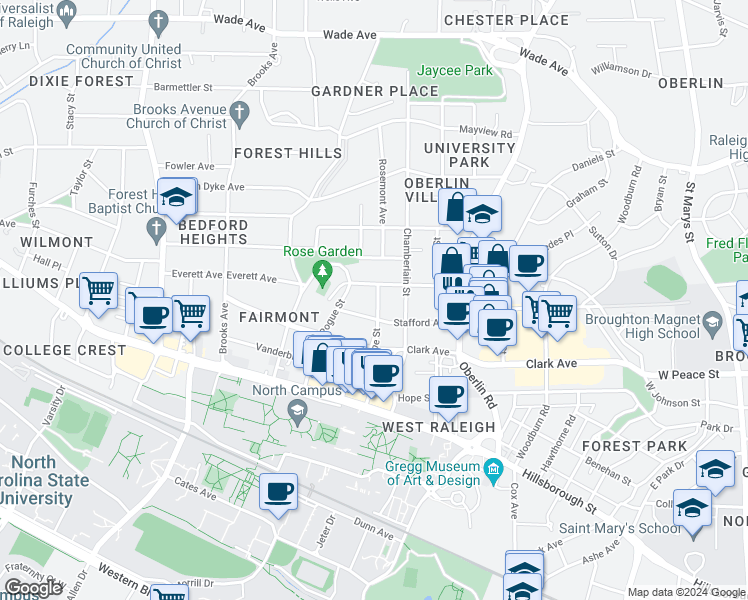 map of restaurants, bars, coffee shops, grocery stores, and more near 405 Horne Street in Raleigh