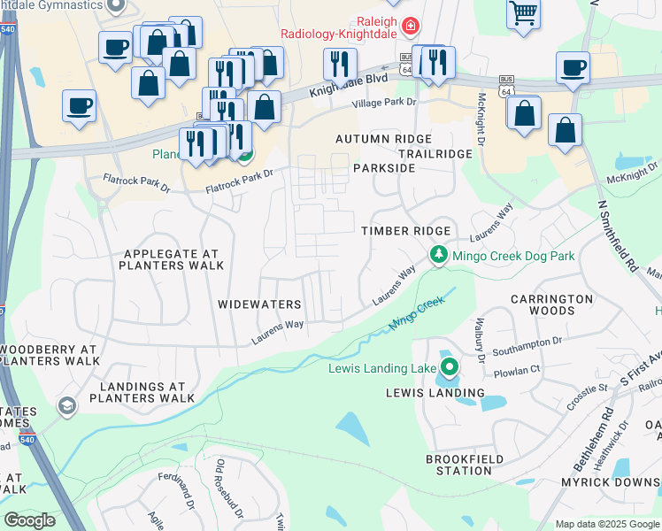 map of restaurants, bars, coffee shops, grocery stores, and more near 108 Pilot Court in Knightdale