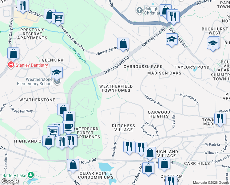 map of restaurants, bars, coffee shops, grocery stores, and more near 1121 Contessa Drive in Cary