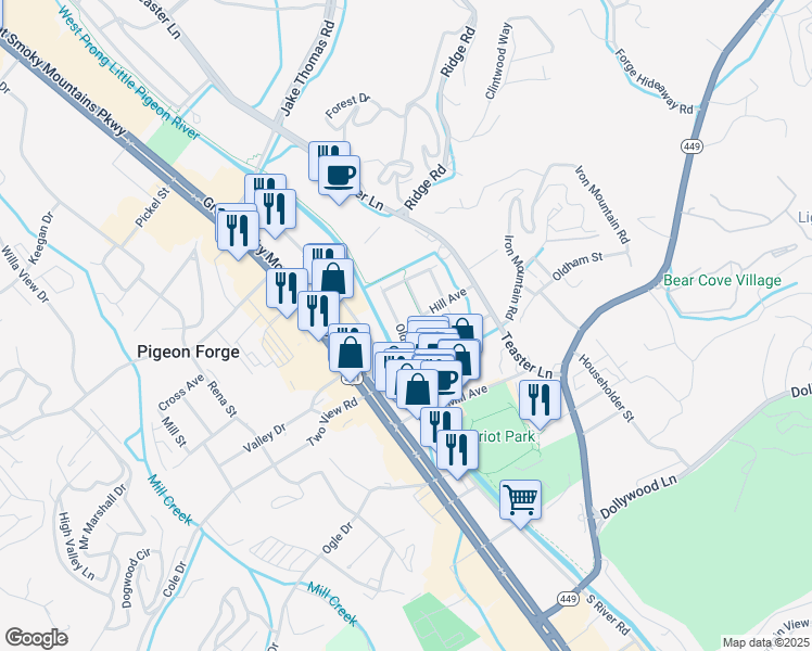map of restaurants, bars, coffee shops, grocery stores, and more near 3220 Riverwalk Greenway in Pigeon Forge