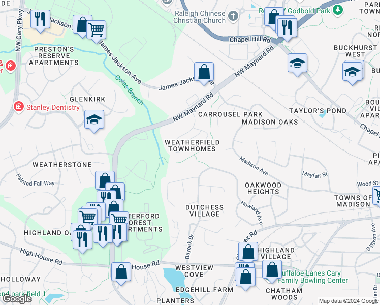 map of restaurants, bars, coffee shops, grocery stores, and more near 1121 Contessa Drive in Cary