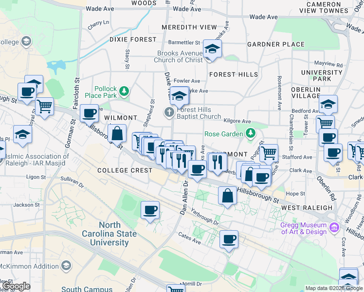 map of restaurants, bars, coffee shops, grocery stores, and more near 33 Bagwell Avenue in Raleigh