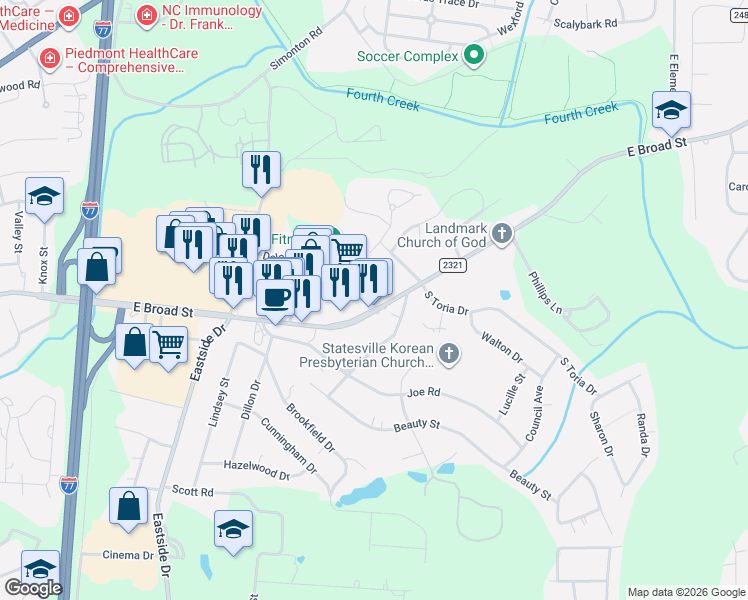 map of restaurants, bars, coffee shops, grocery stores, and more near 1939 East Broad Street in Statesville