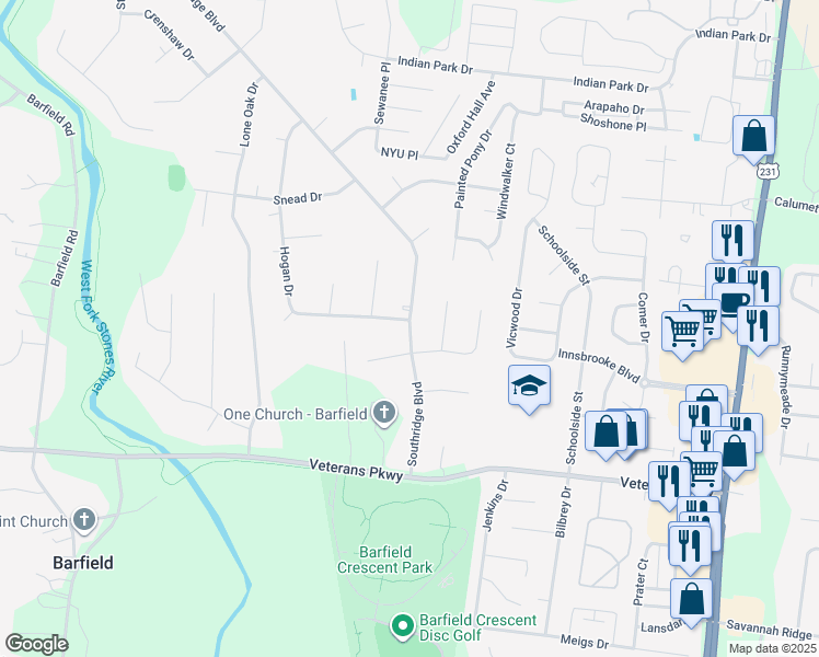 map of restaurants, bars, coffee shops, grocery stores, and more near 3806 Southridge Boulevard in Murfreesboro