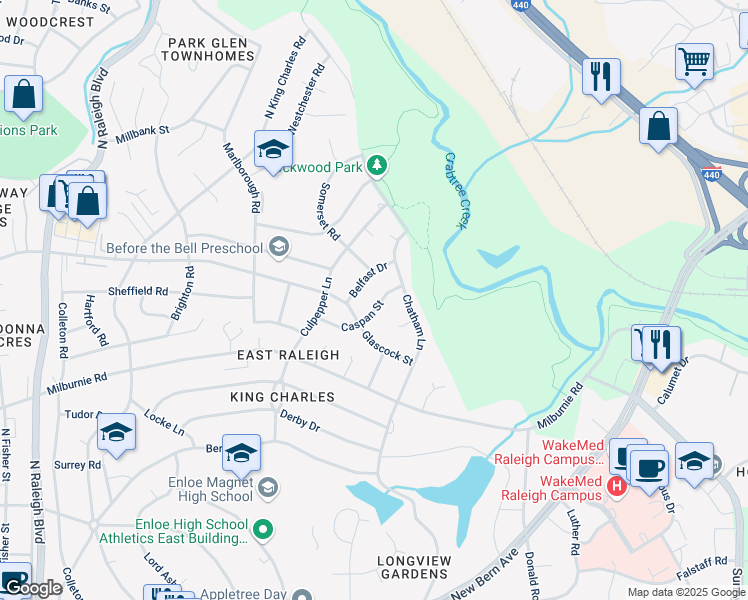map of restaurants, bars, coffee shops, grocery stores, and more near 1113 Caspan Street in Raleigh