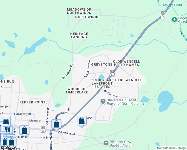 map of restaurants, bars, coffee shops, grocery stores, and more near 404 Cedarmere Dr in Wendell