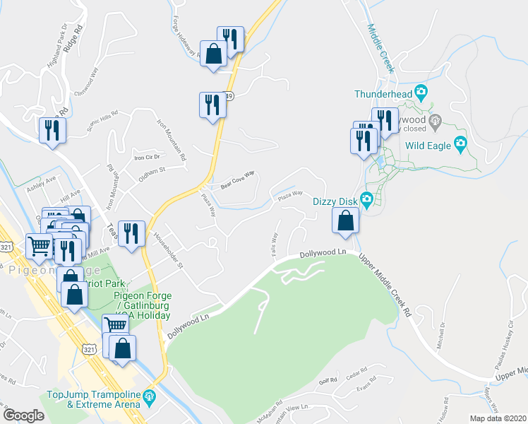 map of restaurants, bars, coffee shops, grocery stores, and more near 3500 Plaza Way in Pigeon Forge
