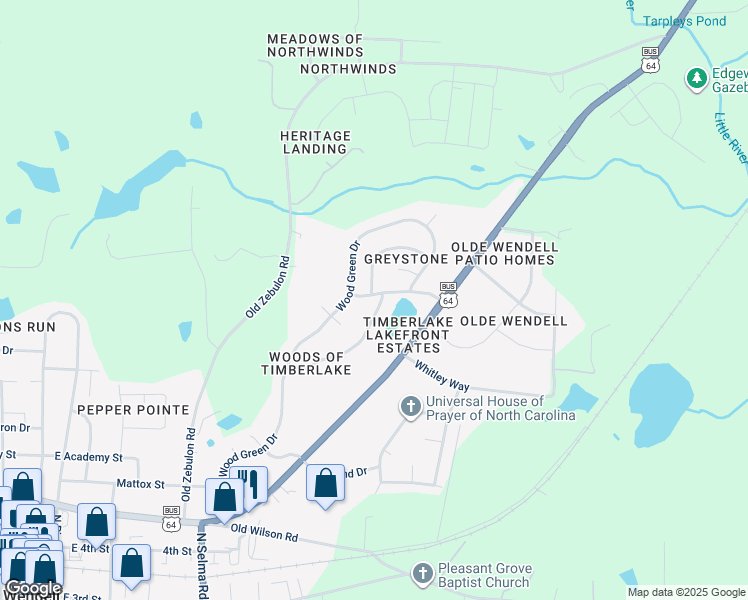 map of restaurants, bars, coffee shops, grocery stores, and more near 404 Cedarmere Dr in Wendell