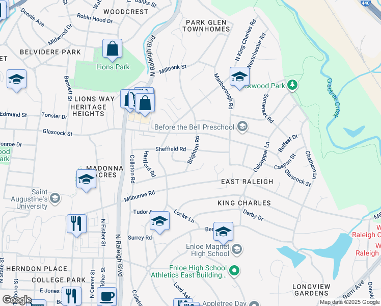 map of restaurants, bars, coffee shops, grocery stores, and more near 2236 Sheffield Road in Raleigh