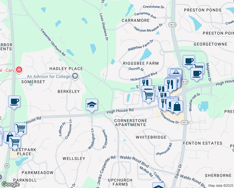 map of restaurants, bars, coffee shops, grocery stores, and more near 608 Marble House Court in Cary