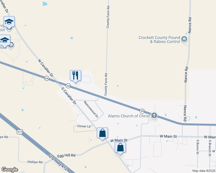 map of restaurants, bars, coffee shops, grocery stores, and more near 132 County Farm Road in Alamo