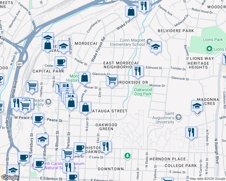 map of restaurants, bars, coffee shops, grocery stores, and more near 703 Sasser Street in Raleigh