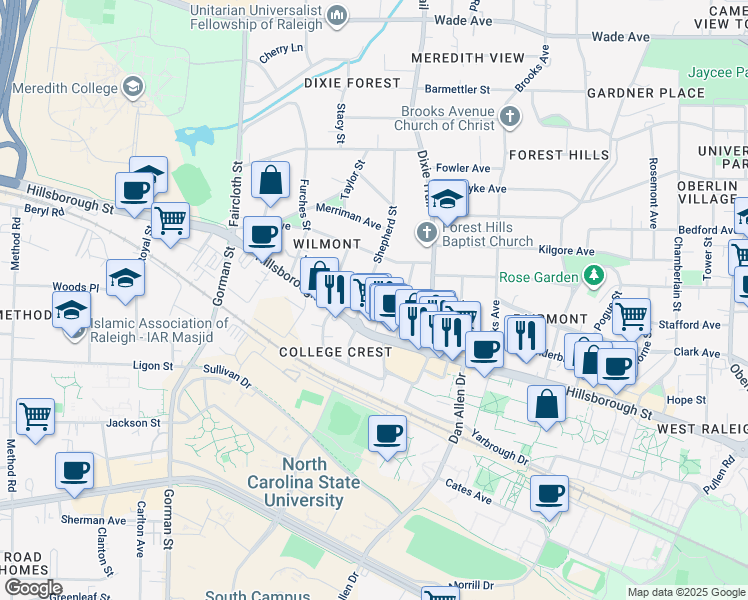 map of restaurants, bars, coffee shops, grocery stores, and more near 24 Shepherd Street in Raleigh