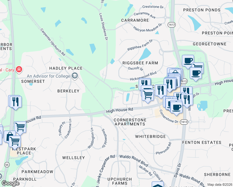 map of restaurants, bars, coffee shops, grocery stores, and more near 604 Marble House Court in Cary