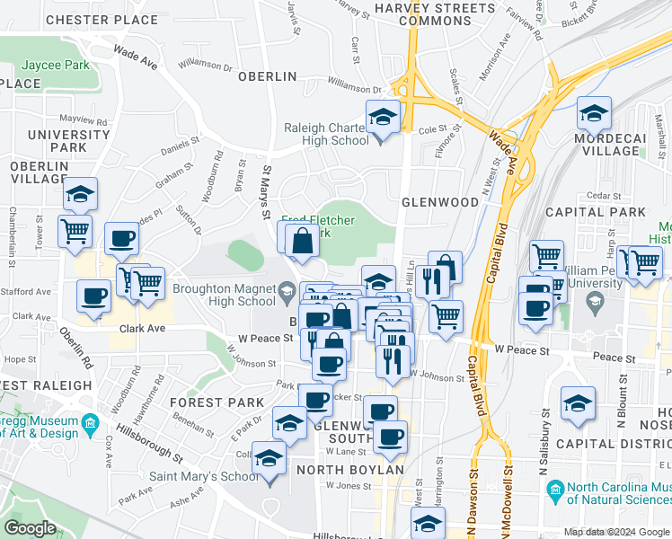 map of restaurants, bars, coffee shops, grocery stores, and more near 832 Gaston Wood Court in Raleigh