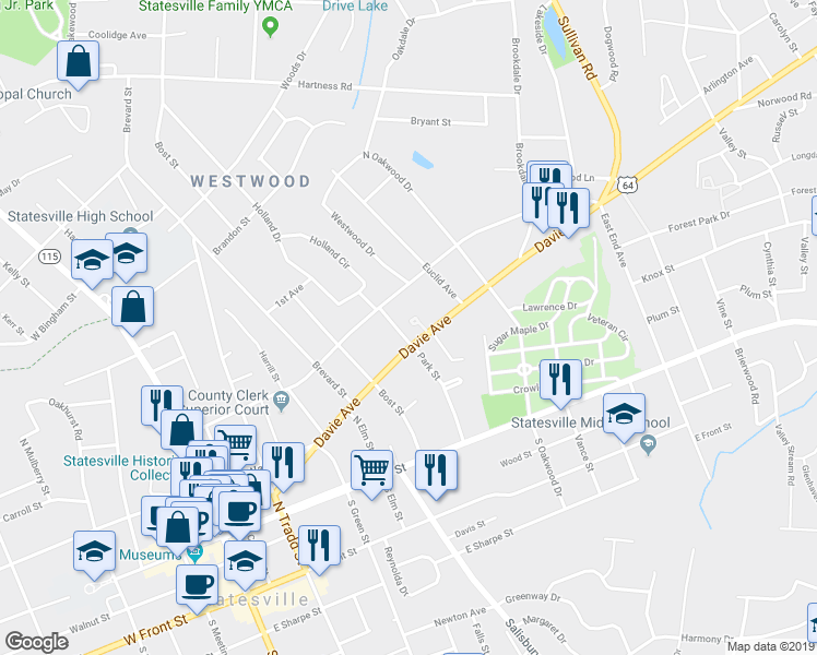 map of restaurants, bars, coffee shops, grocery stores, and more near 217 Ramsey Court in Statesville
