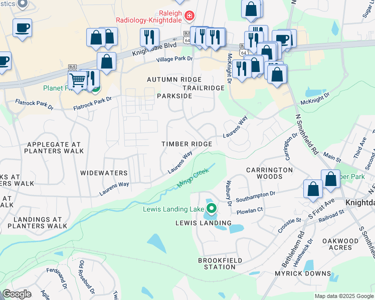 map of restaurants, bars, coffee shops, grocery stores, and more near 414 Laurens Way in Knightdale
