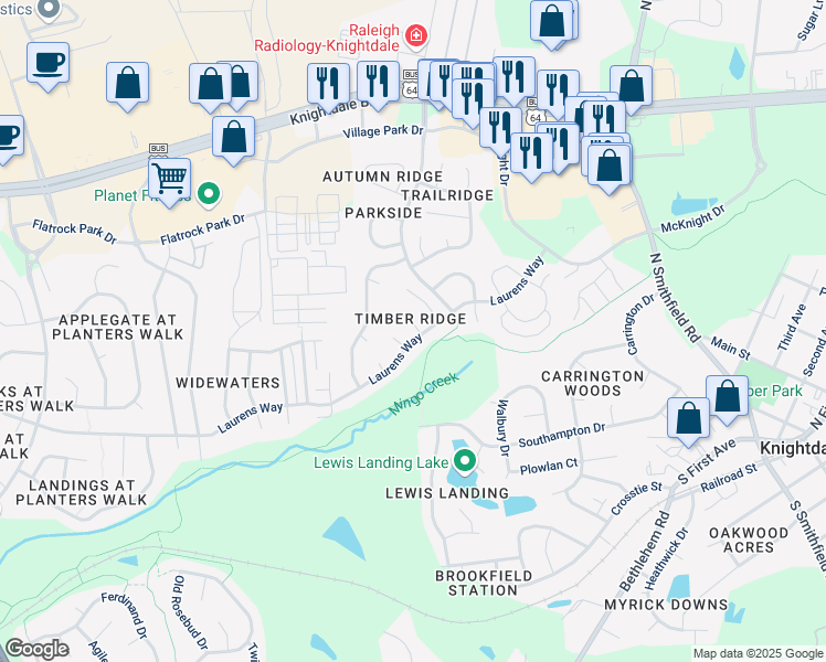 map of restaurants, bars, coffee shops, grocery stores, and more near 414 Laurens Way in Knightdale